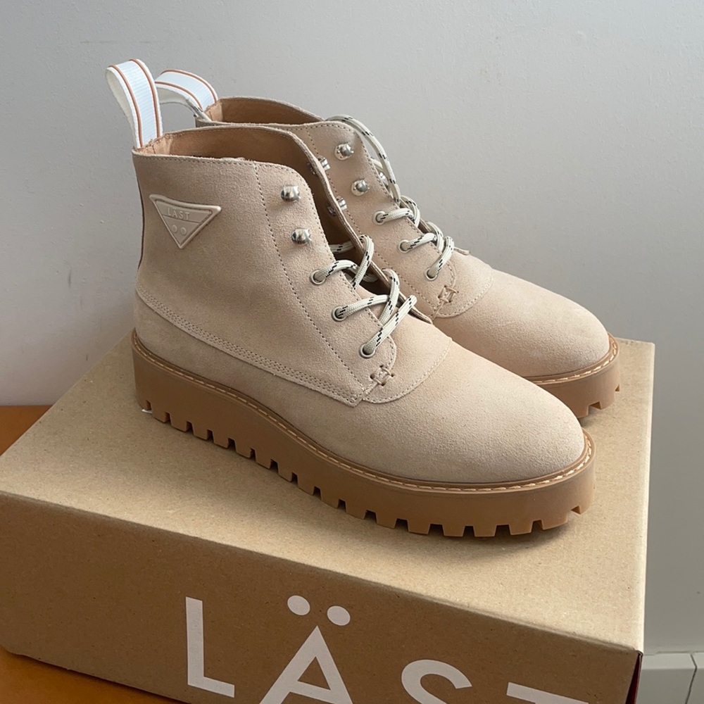 Beige Suede Lug-Sole Ankle Boots